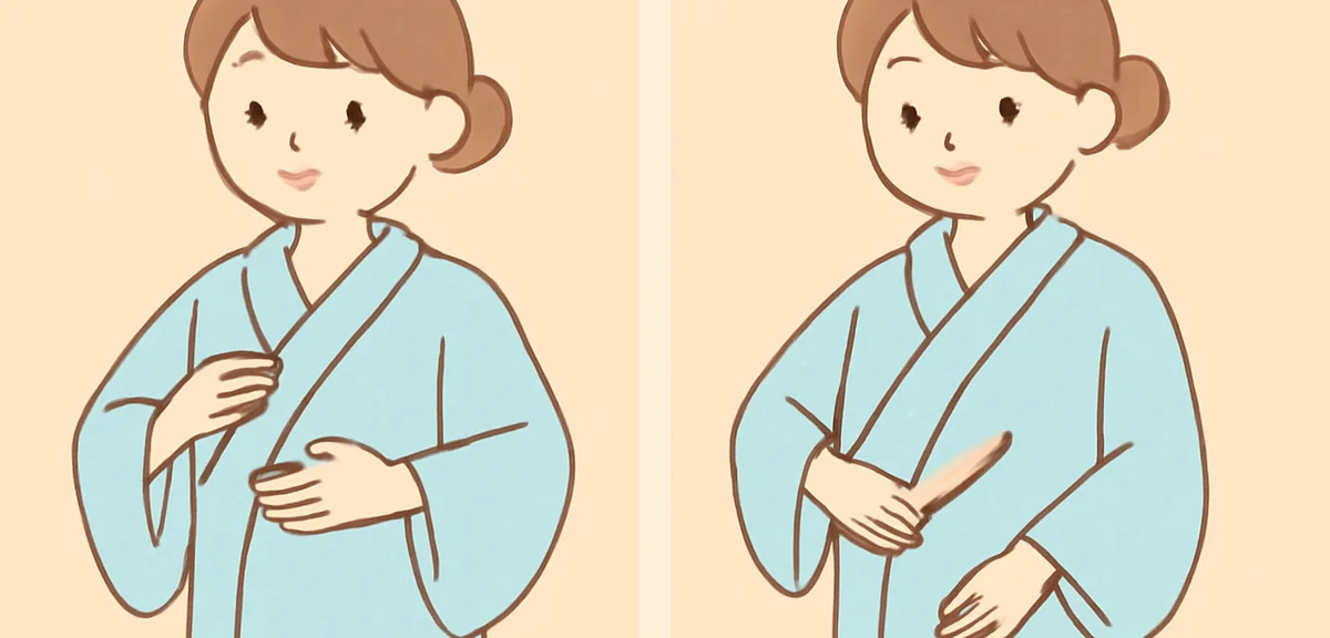 Step by step yukata dressing illustration for a woman, showing the correct 'right side under, left s