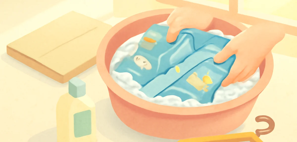 A yukata being gently hand washed in a basin with mild detergent next to folded storage paper and a 