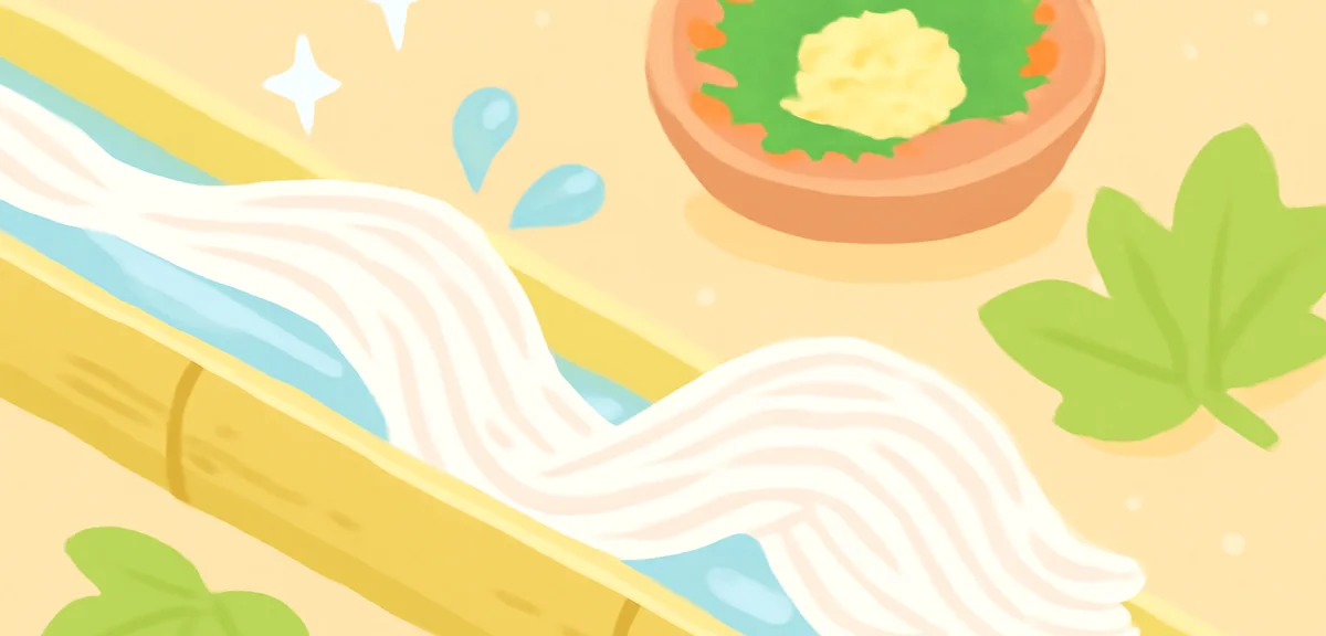 Close-up of white somen noodles flowing down a bamboo chute with clear cold water, sparkling droplet