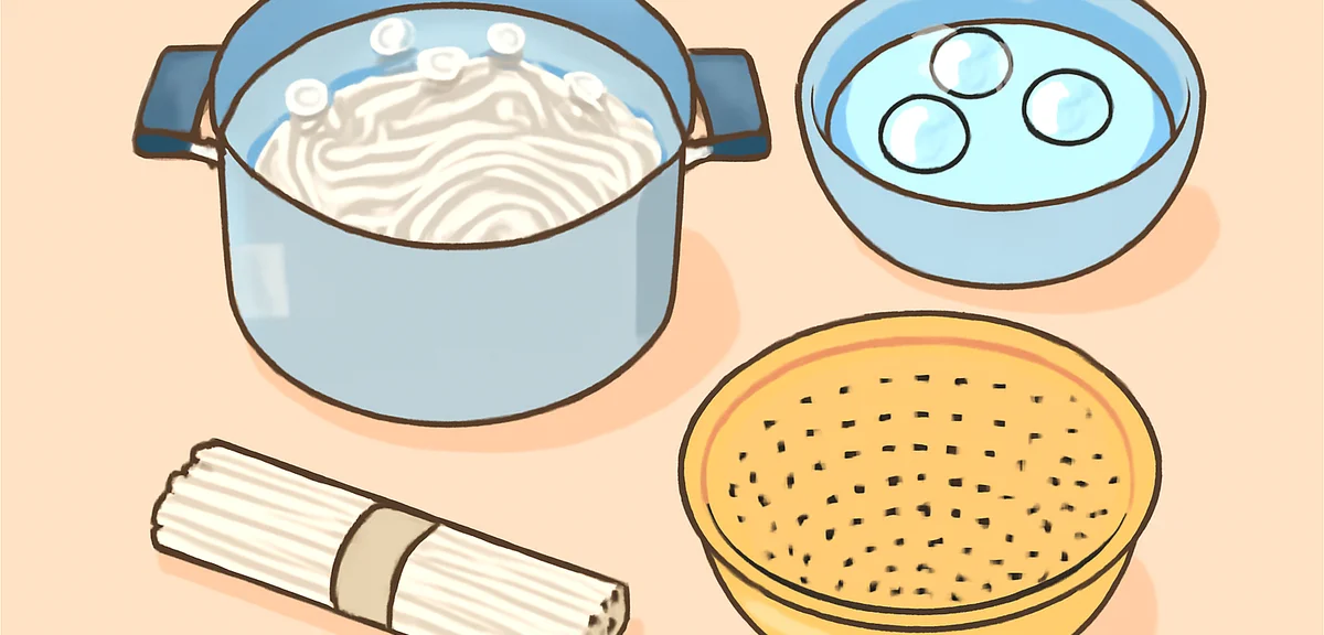 Overhead flat lay of a somen cooking scene: a large pot of boiling water with noodles, a bowl of ice