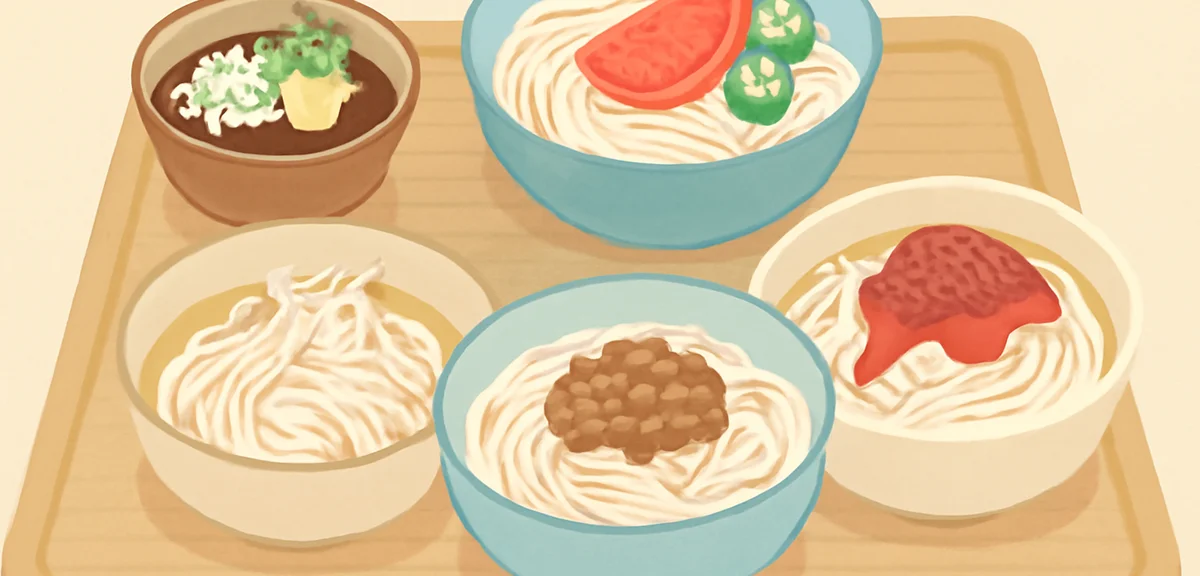 Variety of somen dishes served in small bowls: tsuke-tsuyu with garnishes, bukkake with tomato and o