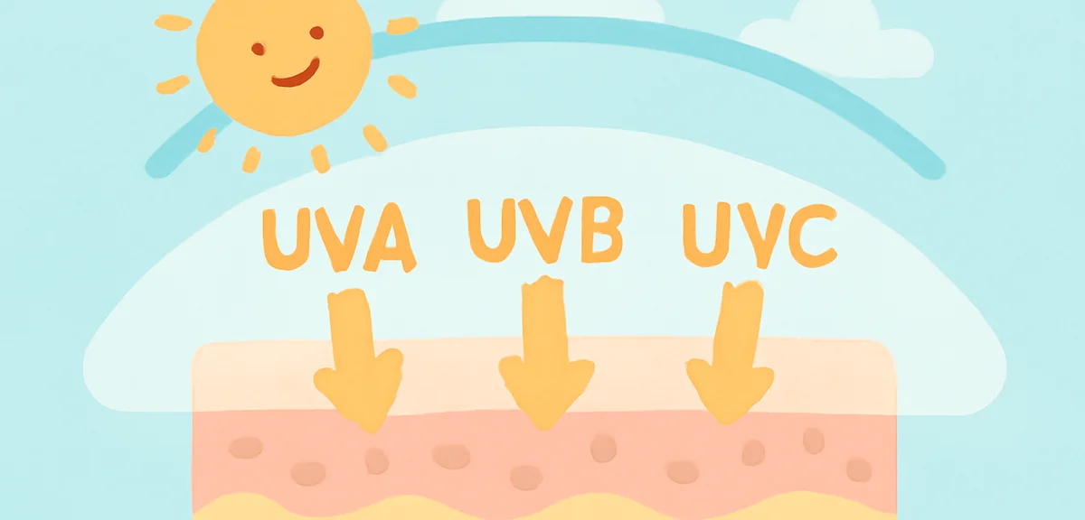 Close-up illustration showing three layers of UV rays UVA UVB UVC reaching Earth atmosphere with cro