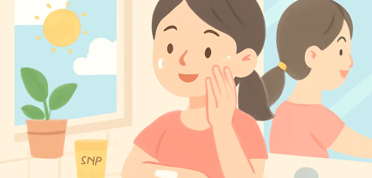 Young Japanese woman applying sunscreen to face and arms in a bright bathroom mirror morning light n