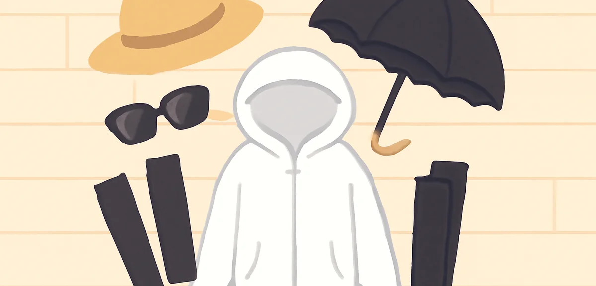 Fashionable summer UV protection outfit flat lay white UV parka wide-brim hat arm covers sunglasses 