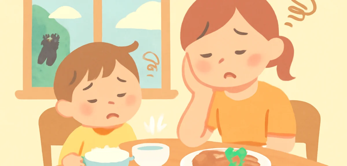 Flat illustration of a tired parent and child at a dining table in summer, wilted appetite, cicada s