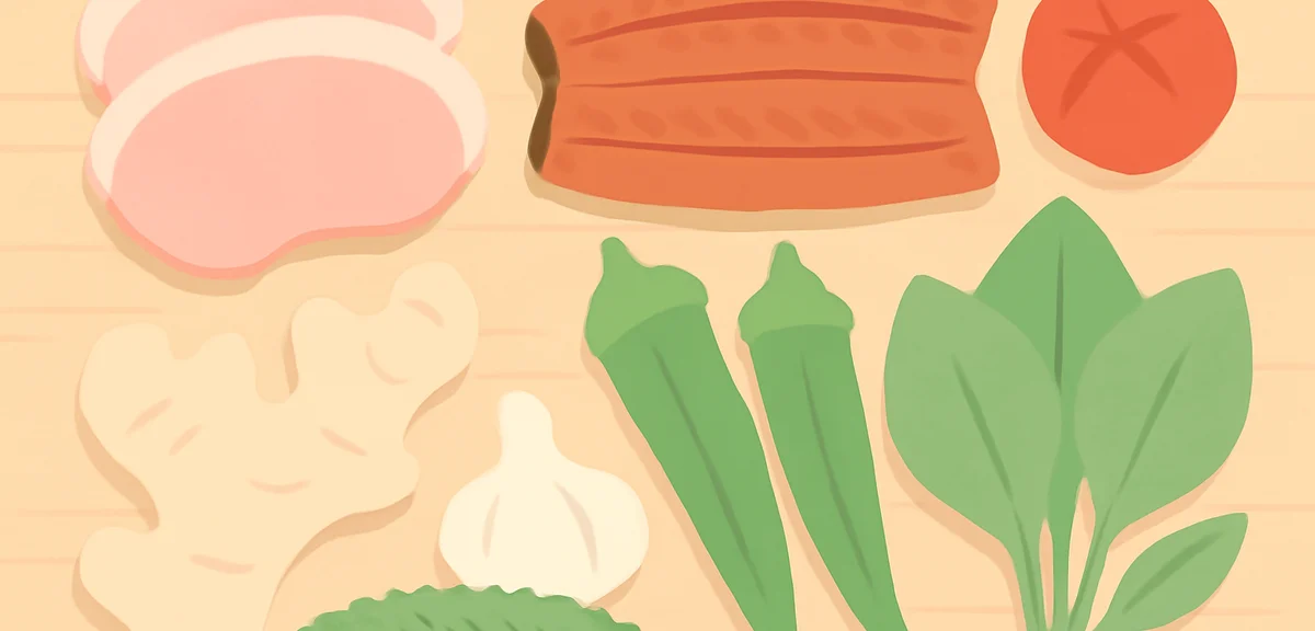 Flat illustration of Japanese summer power foods on a wooden board: pork slices, unagi, umeboshi, gi