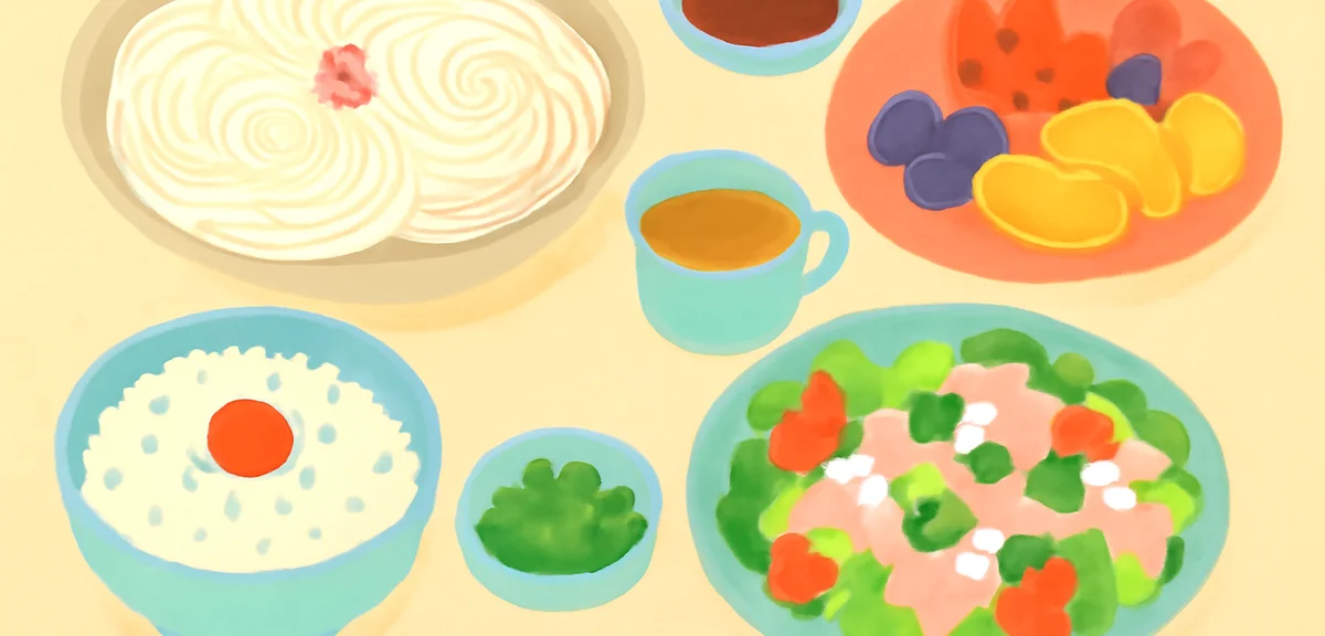 Flat illustration of a family-friendly summer dinner spread with chilled somen, ume ochazuke, pork s