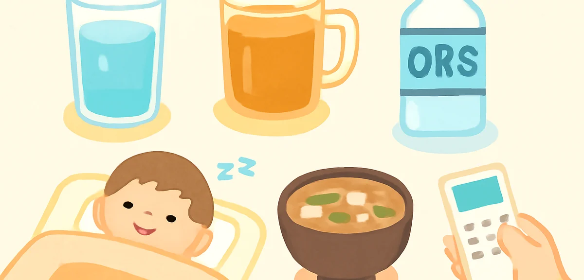 Flat illustration of hydration and rest icons: glass of water, barley tea, oral rehydration bottle, 