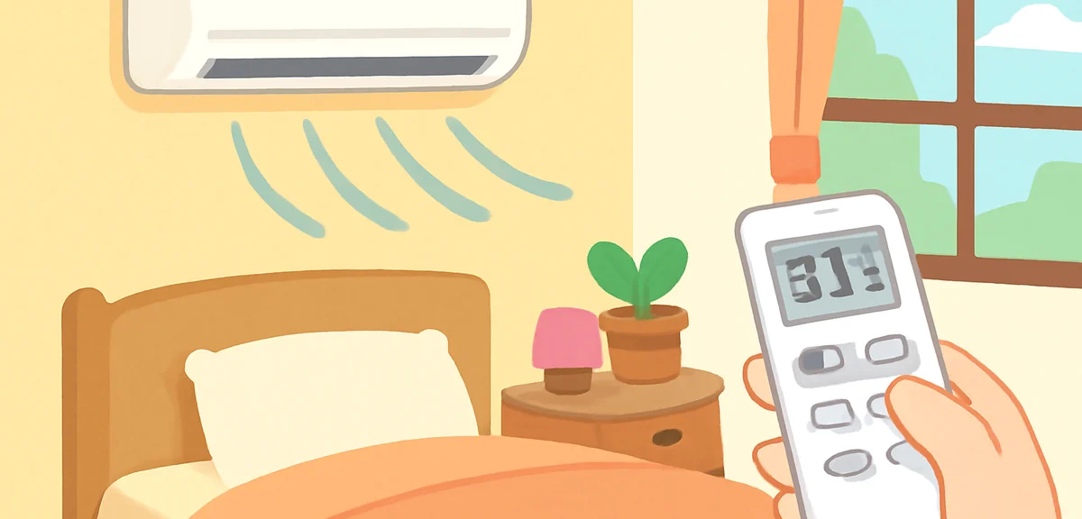 A modern air conditioner mounted on the wall of a Japanese bedroom, remote control showing 27 degree
