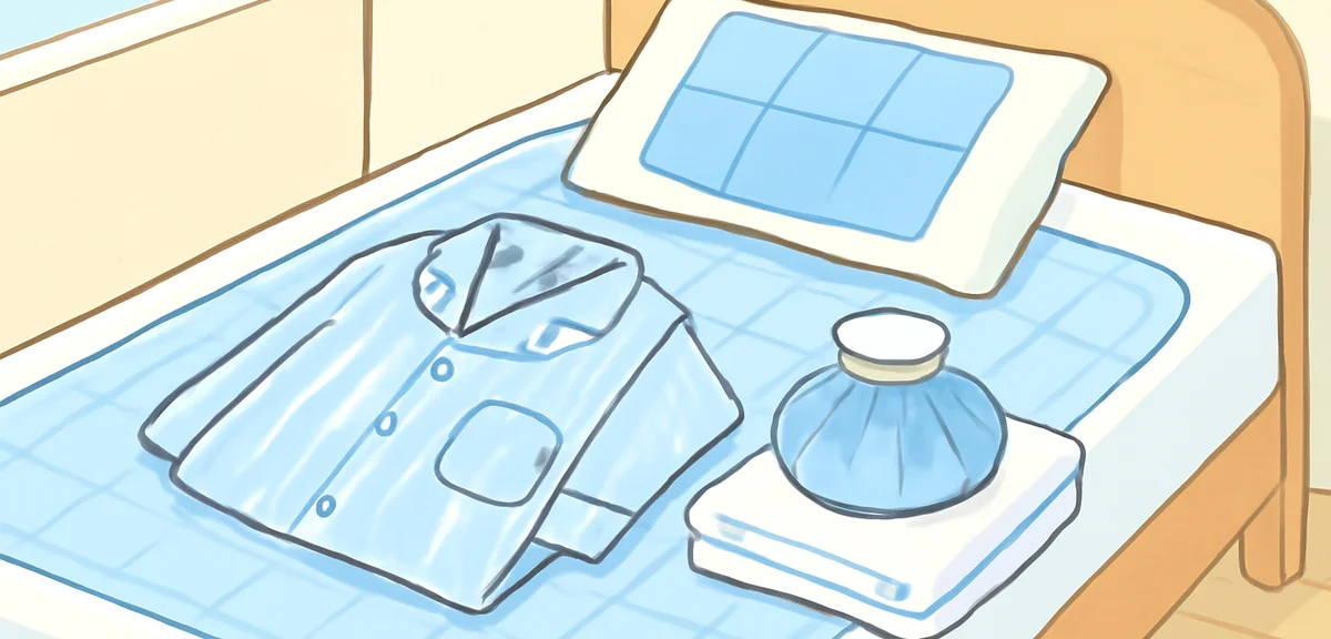 Cool contact bedding pad, gel pillow and linen pajamas laid out on a bed in a Japanese bedroom, ice 
