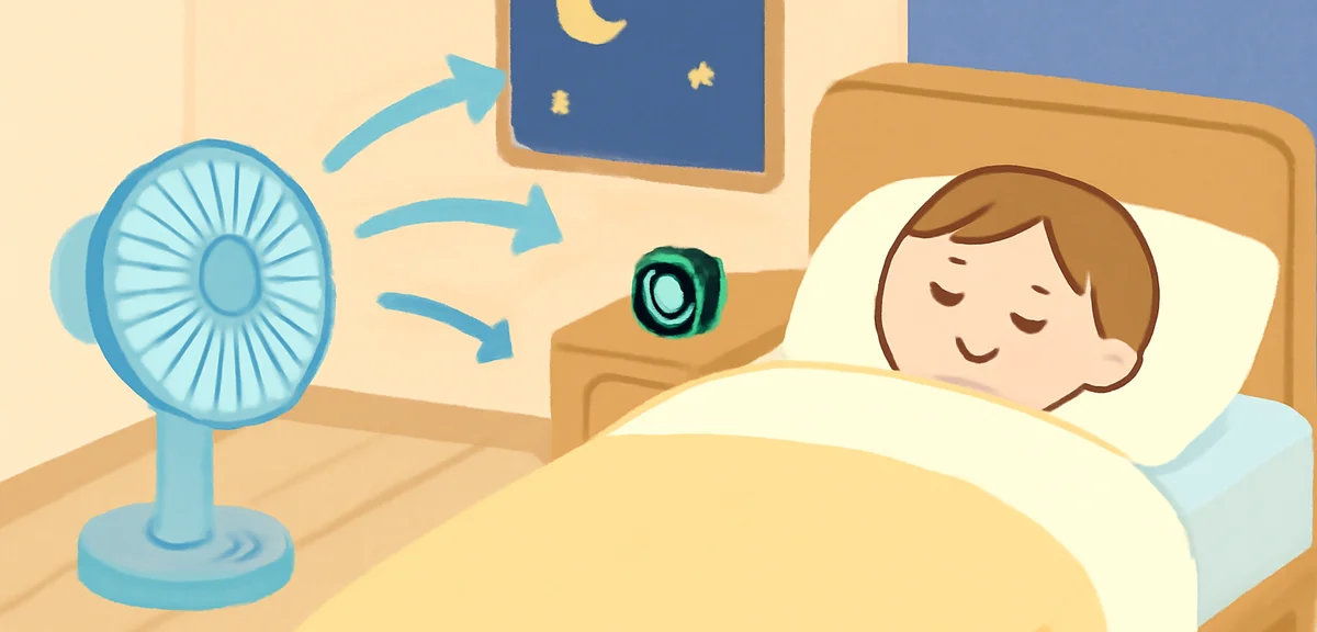 A circulator fan placed near the wall of a Japanese bedroom facing upward, air flow diagram showing 