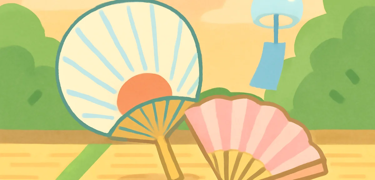 Traditional Japanese round paper fan (marugata uchiwa) and Kyoto folding fan on tatami mat, wind chi