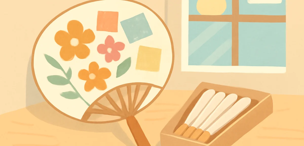 Handmade paper fan with pressed flowers and washi paper collage design, plus a small folding fan kit