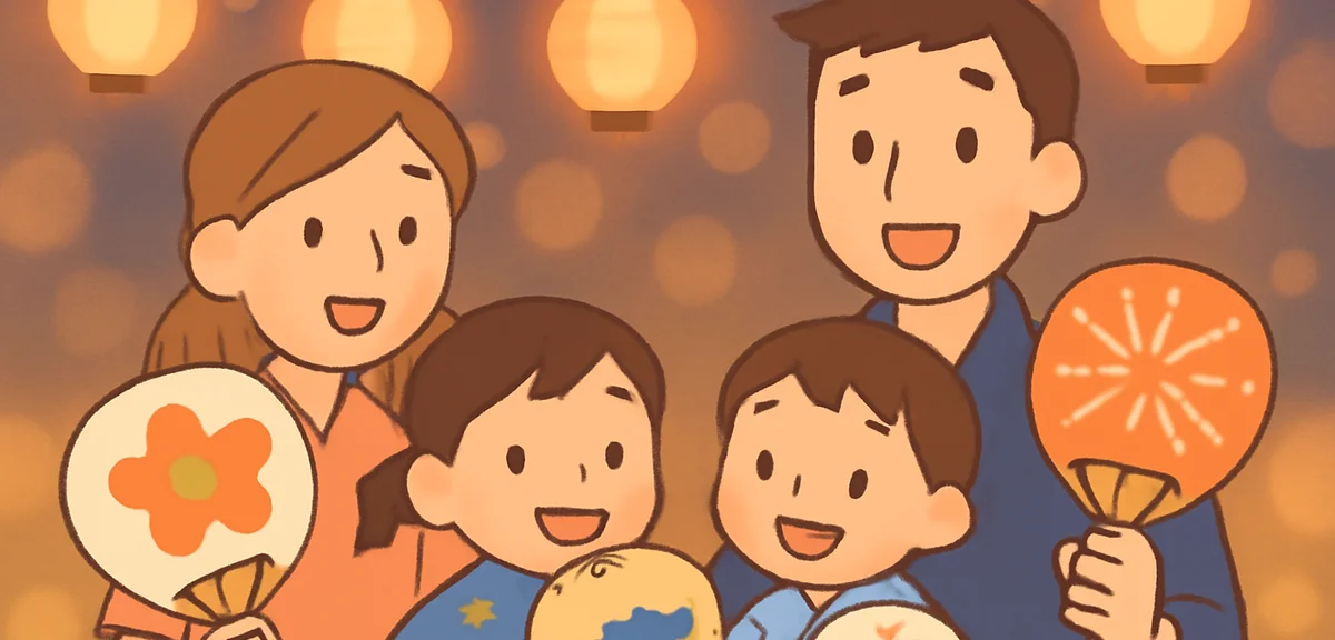 Family enjoying homemade paper fans at a summer festival evening, children in yukata holding decorat