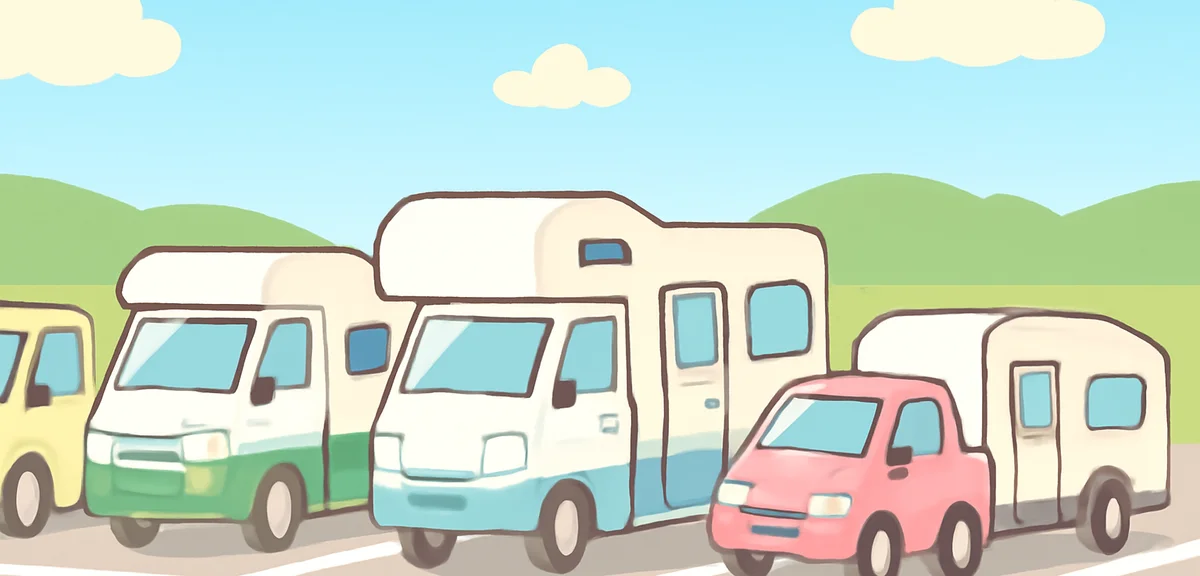 Five different camper van types lined up in a Japanese parking lot in summer: light kei-camper, van 