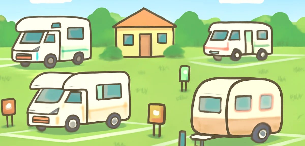 A well-maintained Japanese RV park with numbered plots, electric hookup poles, restroom building, se