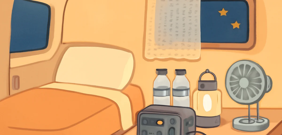 Inside view of a Japanese camper van interior at night in summer, cozy bed with a thick mattress, sm