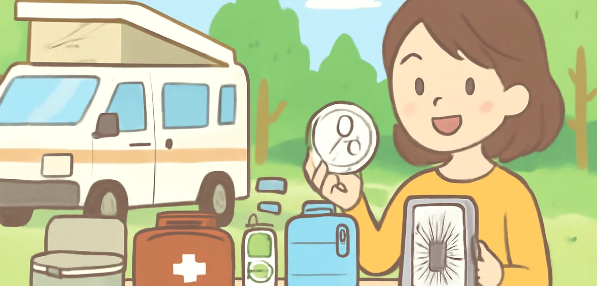 A first-time camper van user checking safety items in daylight: portable CO alarm, portable toilet, 