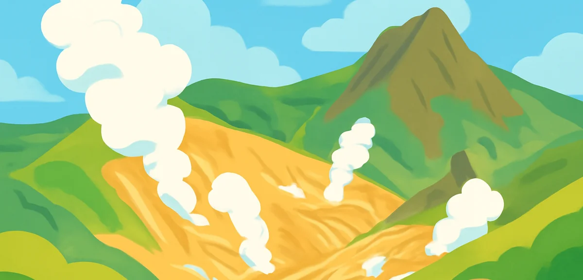 Owakudani volcanic valley in Hakone with steam vents and volcanic landscape, blue summer sky, dramat