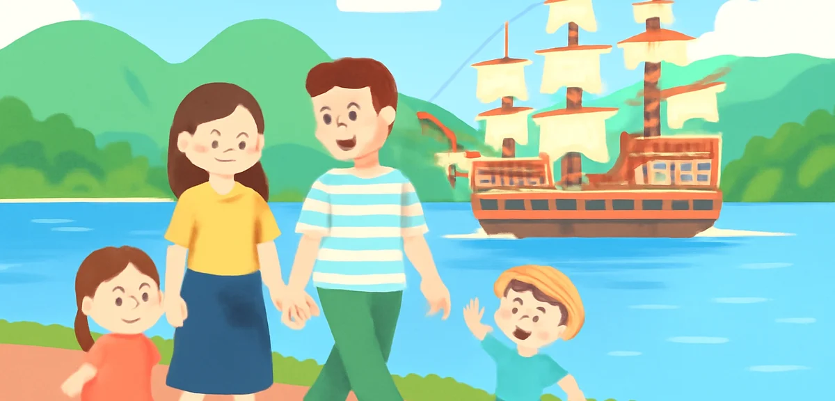 Family and couple enjoying a stroll along Lake Ashi with pirate ship in background, Hakone summer tr