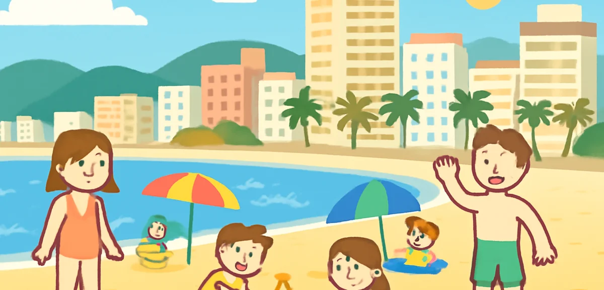 Atami Sun Beach in summer daytime with families playing on the golden sand, colorful beach umbrellas