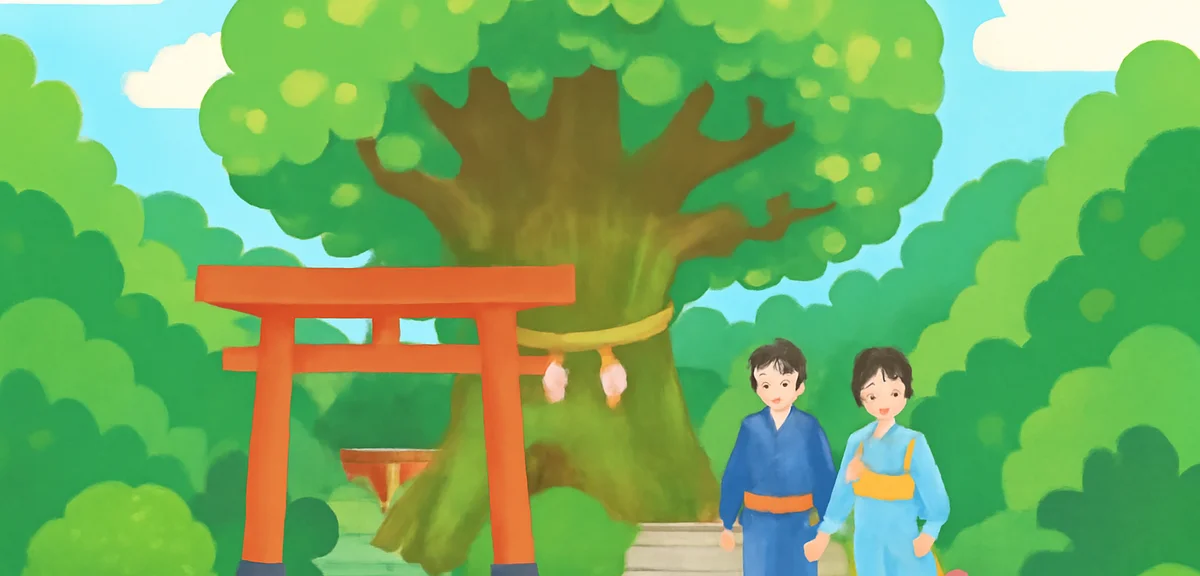 Kinomiya Shrine in Atami in summer, a huge ancient camphor tree (Ookusu) with a torii gate at the en