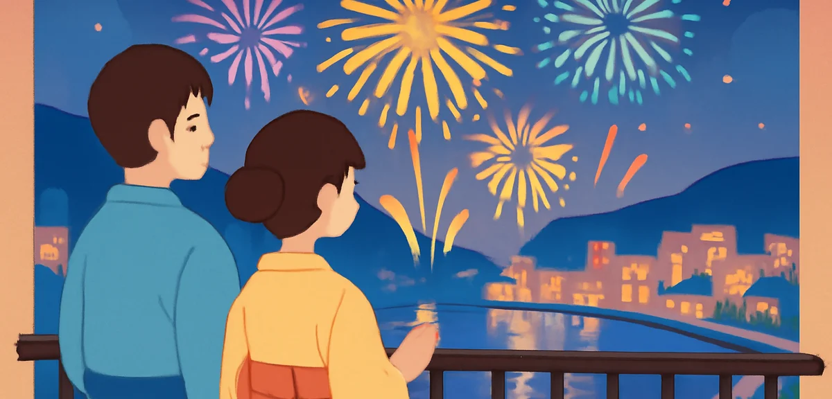 A large summer fireworks display over Atami bay at night, viewed from a hotel balcony with a couple
