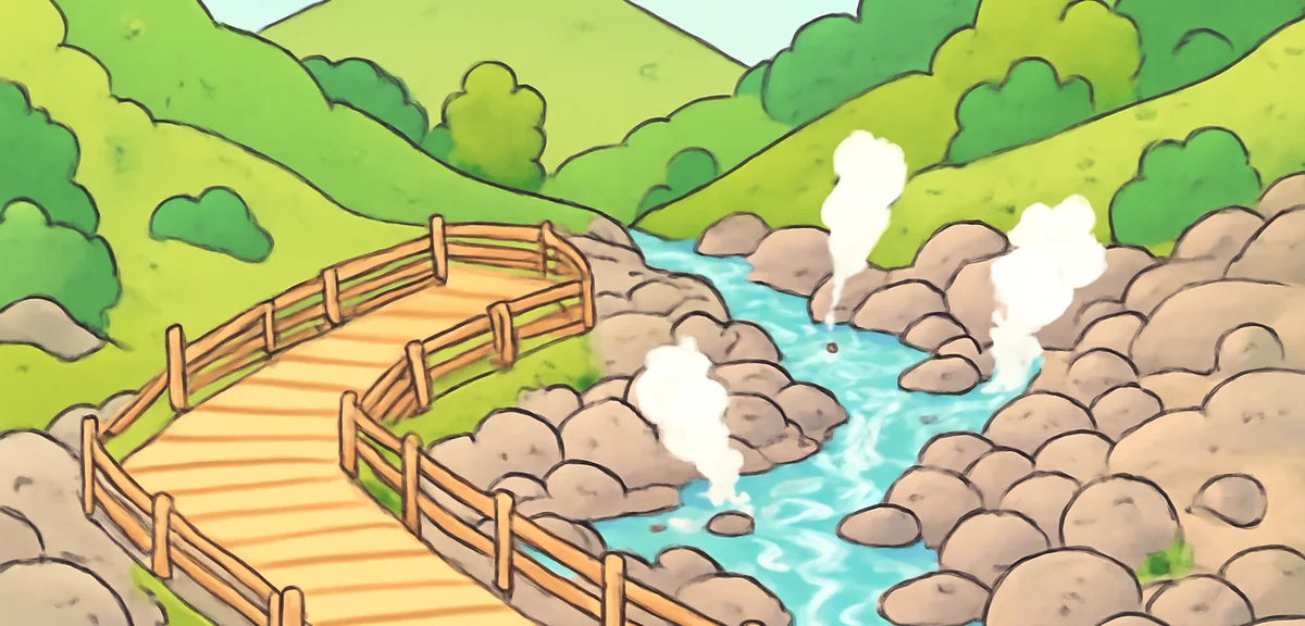 Sainokawara Park in Kusatsu with volcanic rocky landscape and steaming hot springs flowing through g
