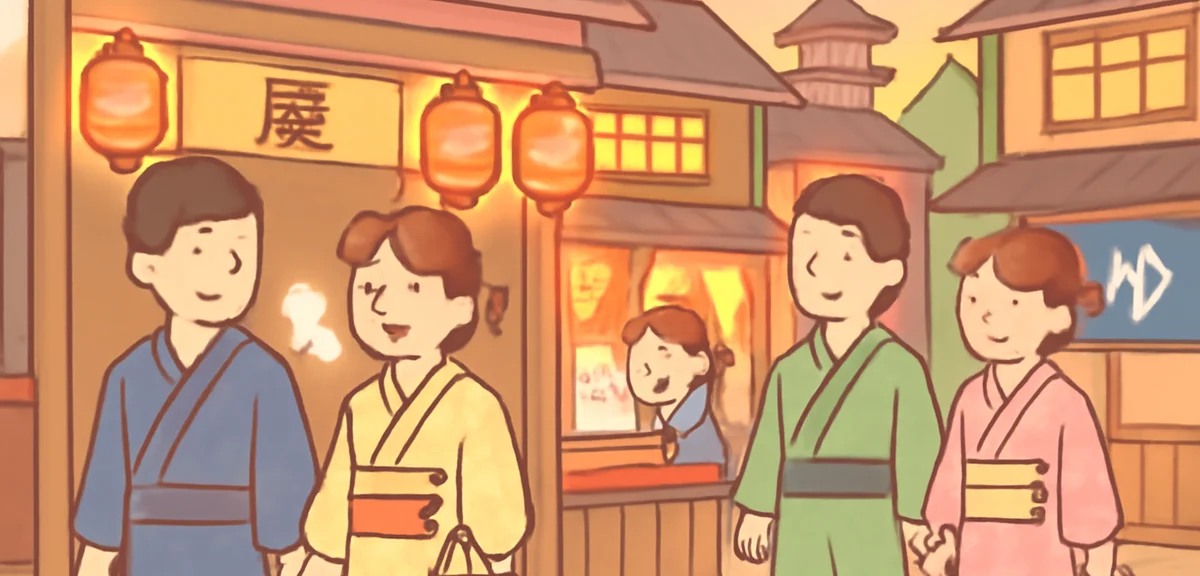 Kusatsu onsen street with people in yukata walking past traditional shops selling steamed onsen manj