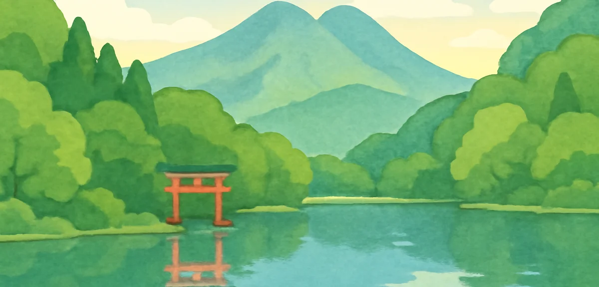 Kinrin Lake in Yufuin surrounded by lush green trees in summer, a small red torii gate at the shore,