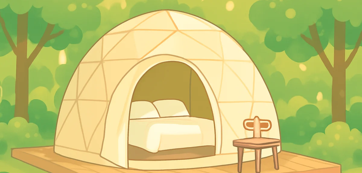 A spacious geodesic dome tent on a wooden deck in a green forest clearing, king size bed with white