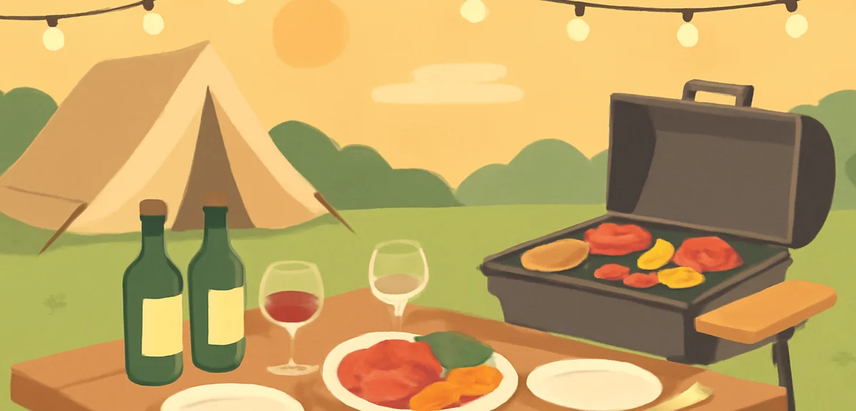 A stylish outdoor dining setup at a glamping site, wooden table with premium BBQ grill, meat and col