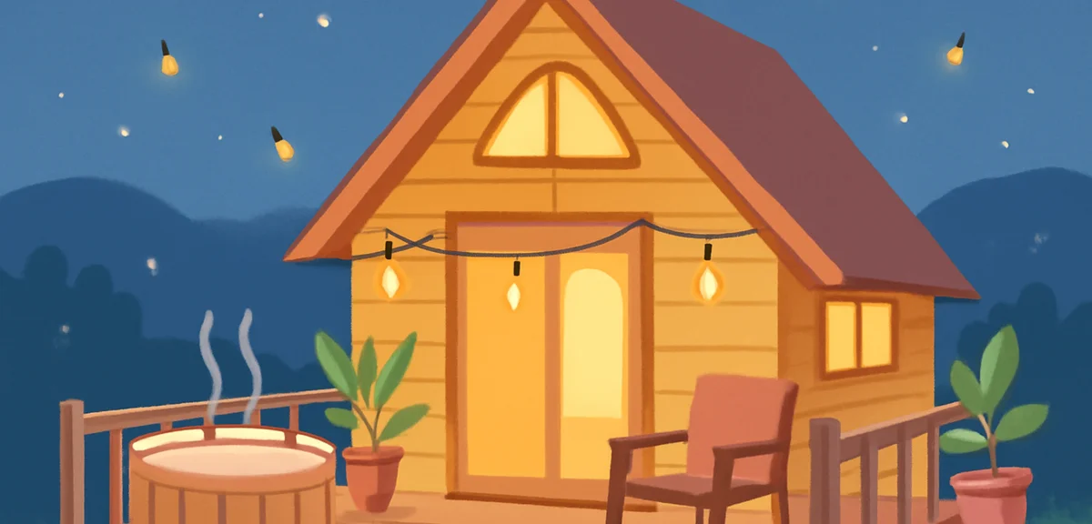 A cozy glamping cabin exterior with private terrace, hot tub with steam rising, potted plants and Ed