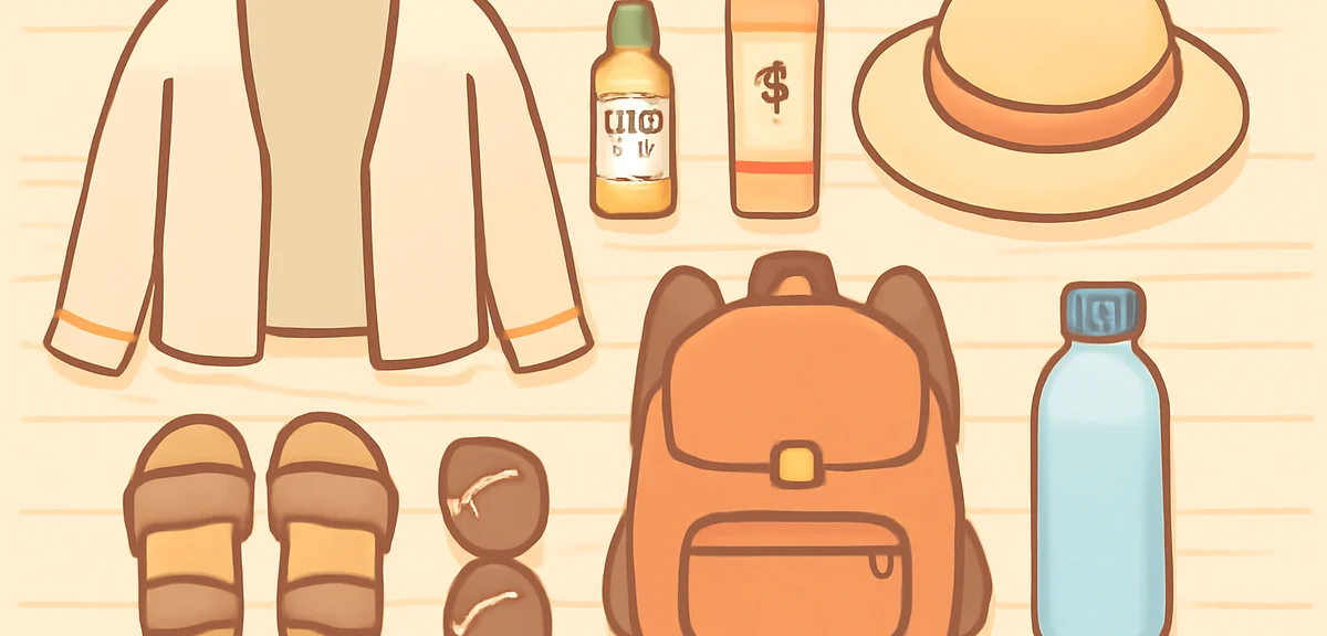 Neatly organized glamping essentials laid out flat on wooden floor: lightweight cardigan, insect rep