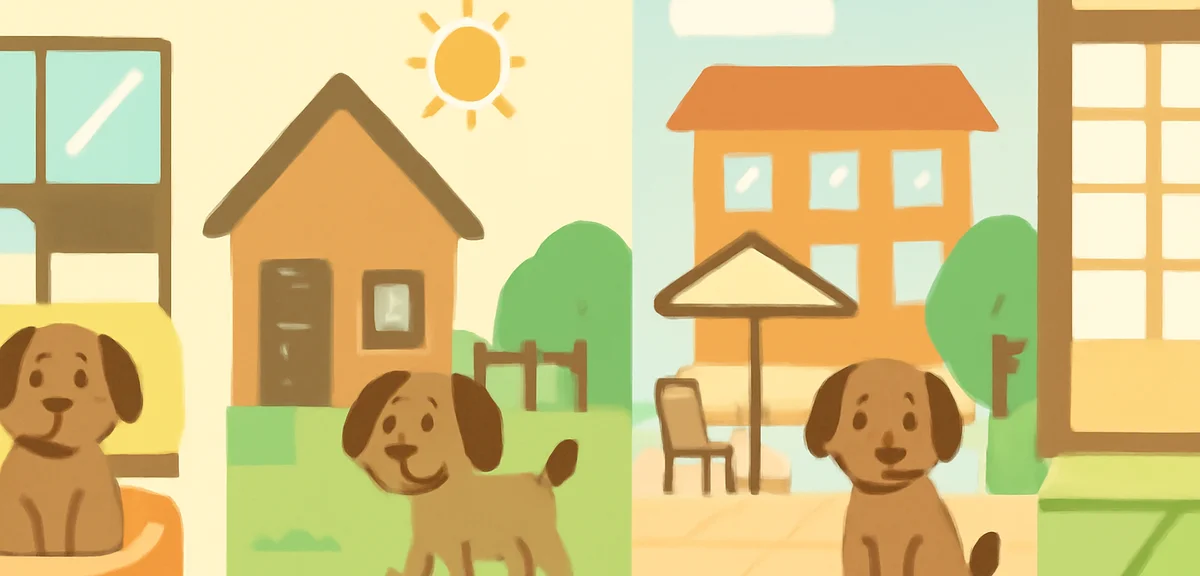 Illustration of four pet-friendly accommodation types side by side, a hotel room with dog bed, a cot