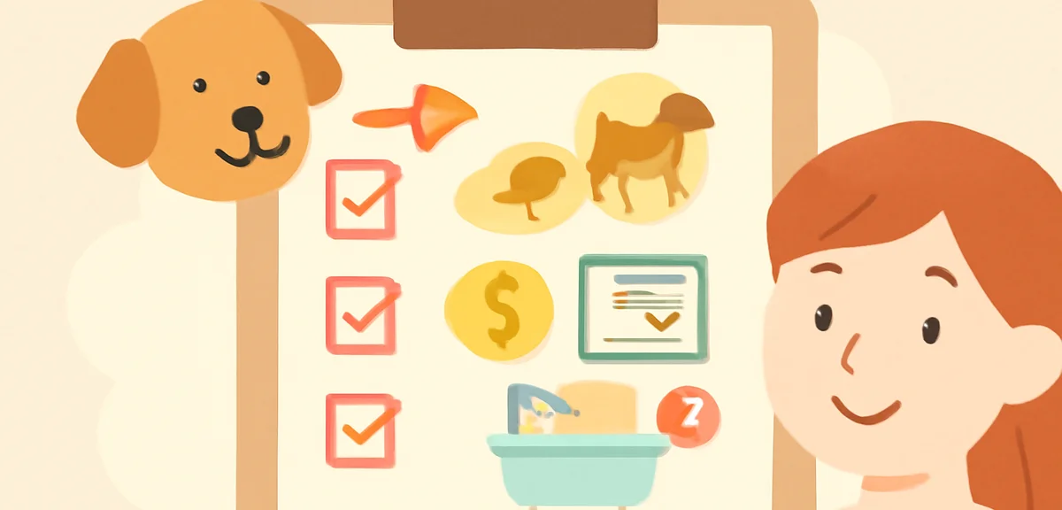 Illustration of a checklist on a clipboard for pet-friendly hotel selection, showing icons for dog s