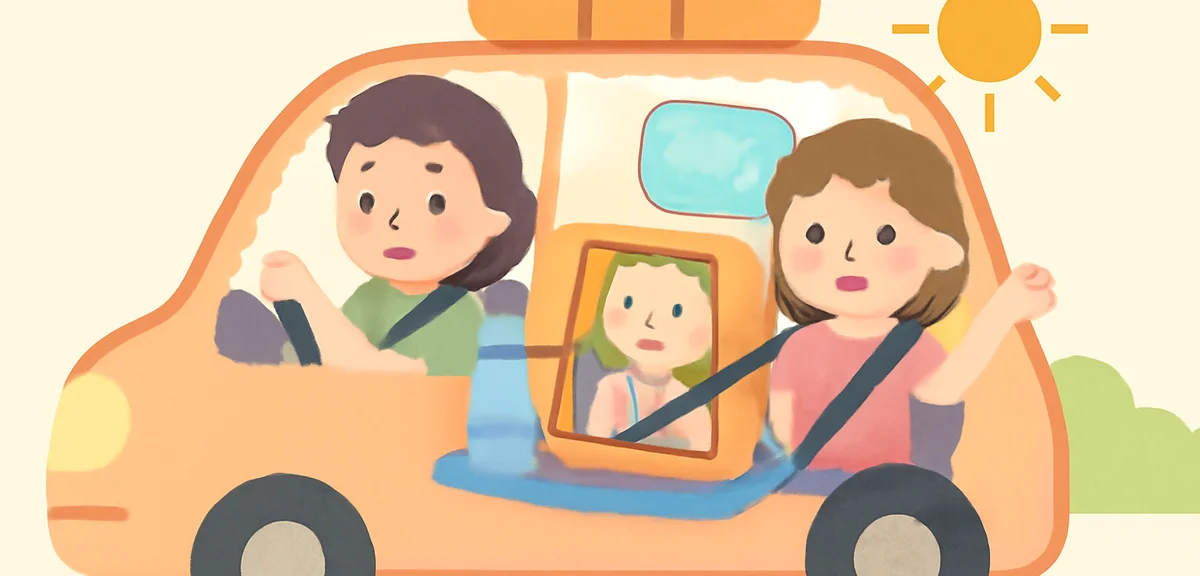 Illustration of a family car packed for a summer pet trip, small dog in a crate secured with a seatb