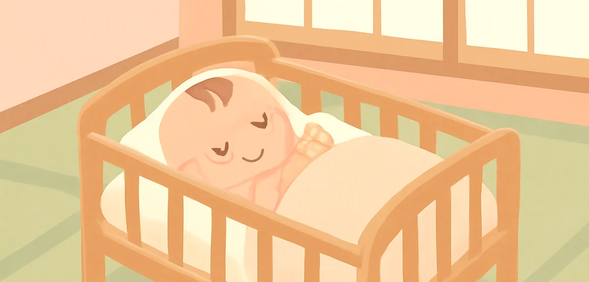 A newborn baby sleeping peacefully in a wooden crib at a Japanese ryokan tatami room, soft natural l