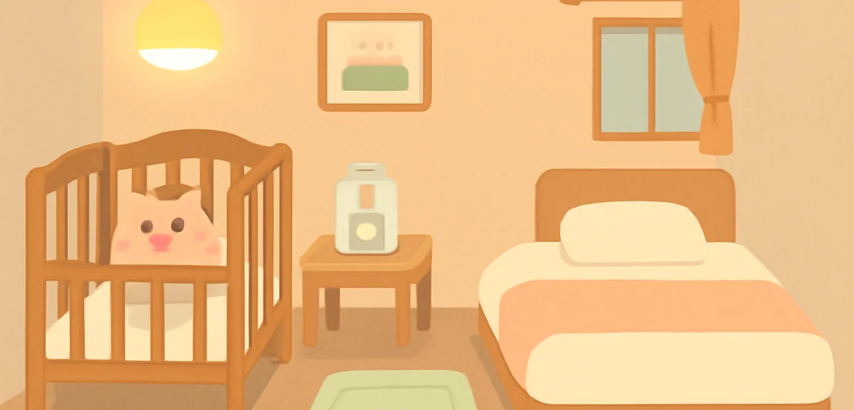 A cozy Japanese family hotel room with a rental baby crib, low bed with side guard, changing mat, mi