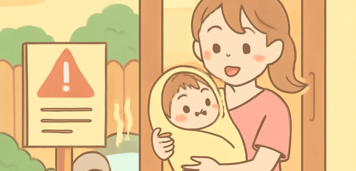A Japanese mother holding a baby wrapped in a towel at a private open-air bath entrance, gentle warm