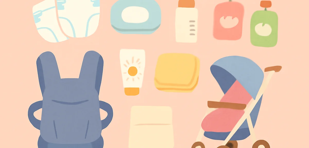A neatly arranged travel packing flat lay for a baby trip: diapers, baby wipes, bottles, baby food p
