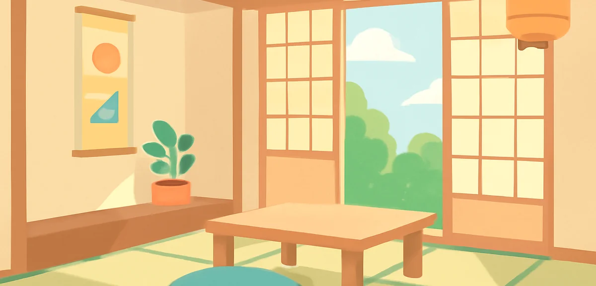 Elegant Japanese ryokan interior with soft summer light and traditional tatami room, comfortable and