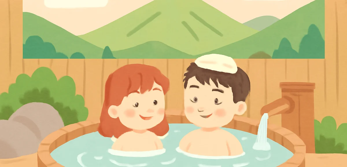 Private outdoor onsen bath overlooking green summer mountains, romantic and peaceful atmosphere