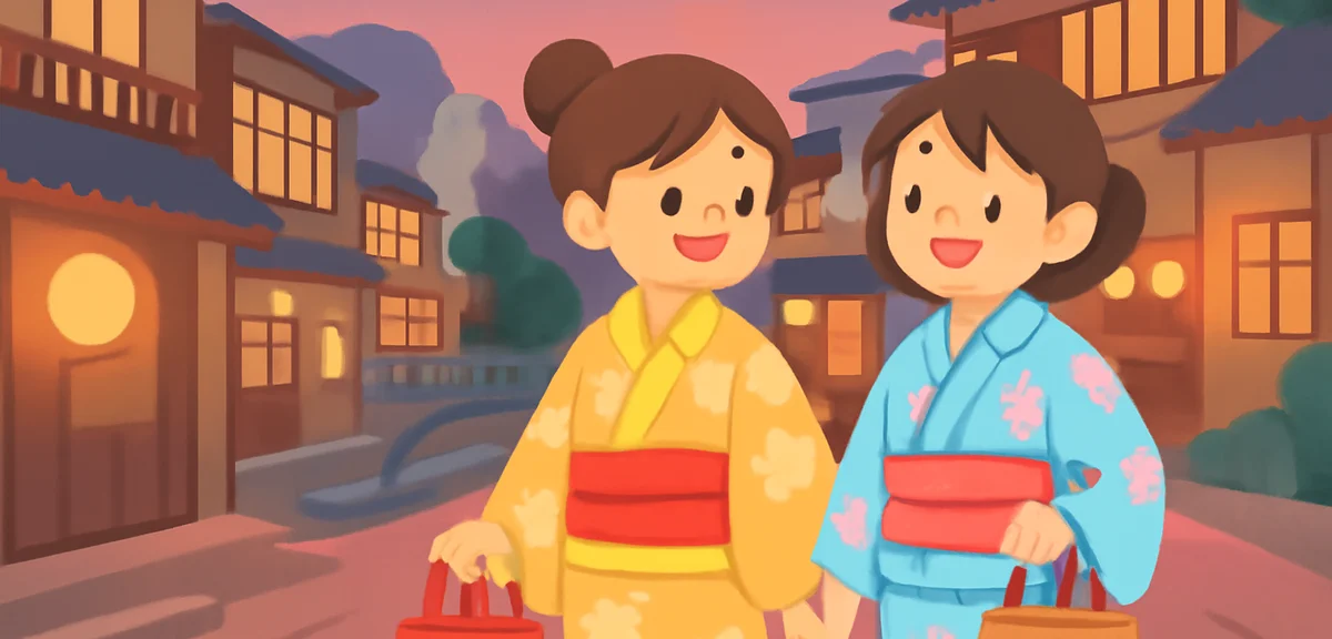 Two young women in colorful summer yukata walking through a traditional onsen town at dusk, warm lan