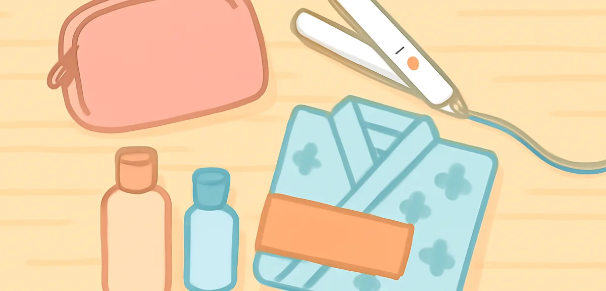 Neatly arranged travel essentials on a light wooden table, cosmetic pouch, portable hair iron, skinc