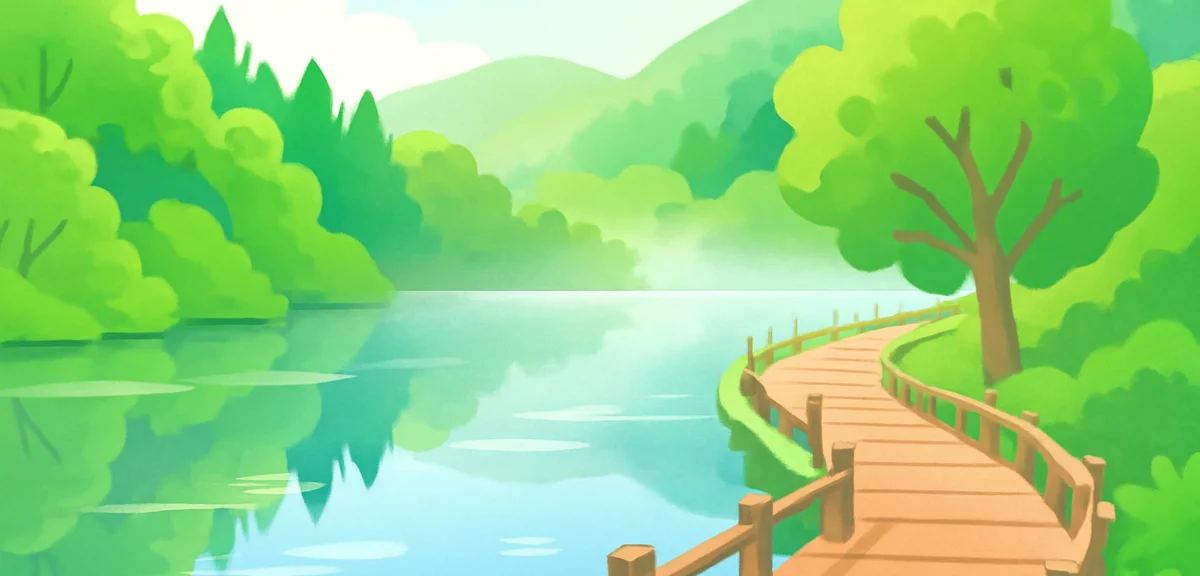 Kumoba Pond in Karuizawa during summer morning, calm water surface reflecting fresh green trees and 