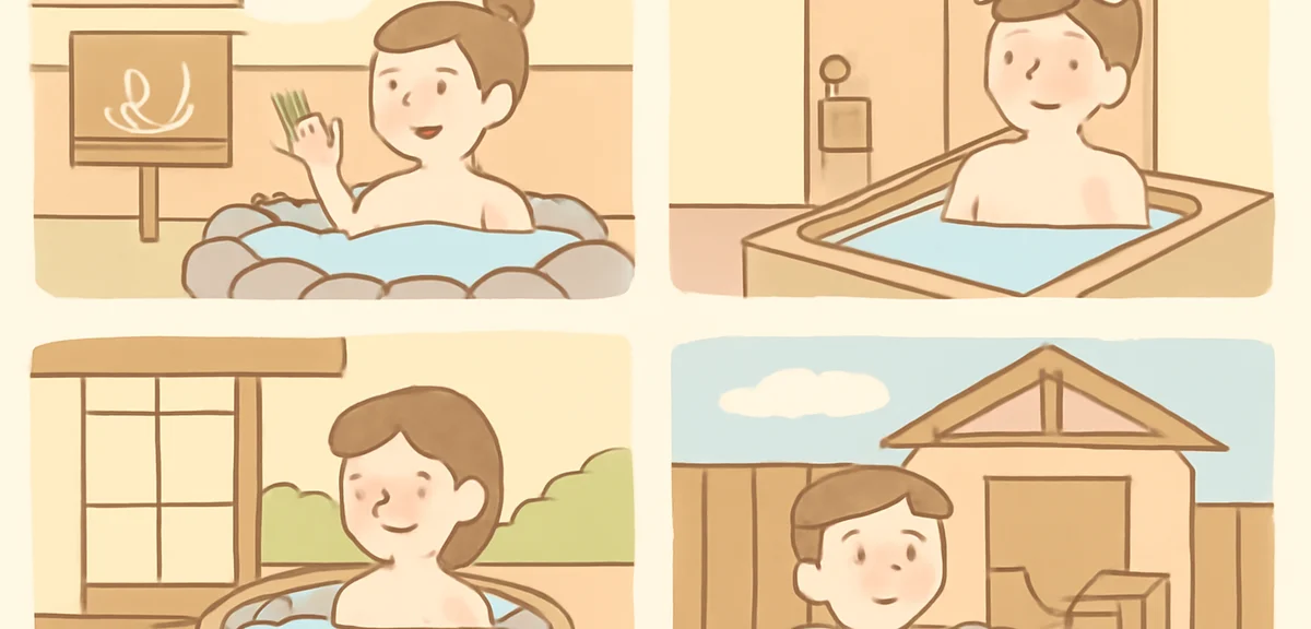 Illustration of four types of private hot spring baths in Japanese ryokan: a free walk-in kashikiri 