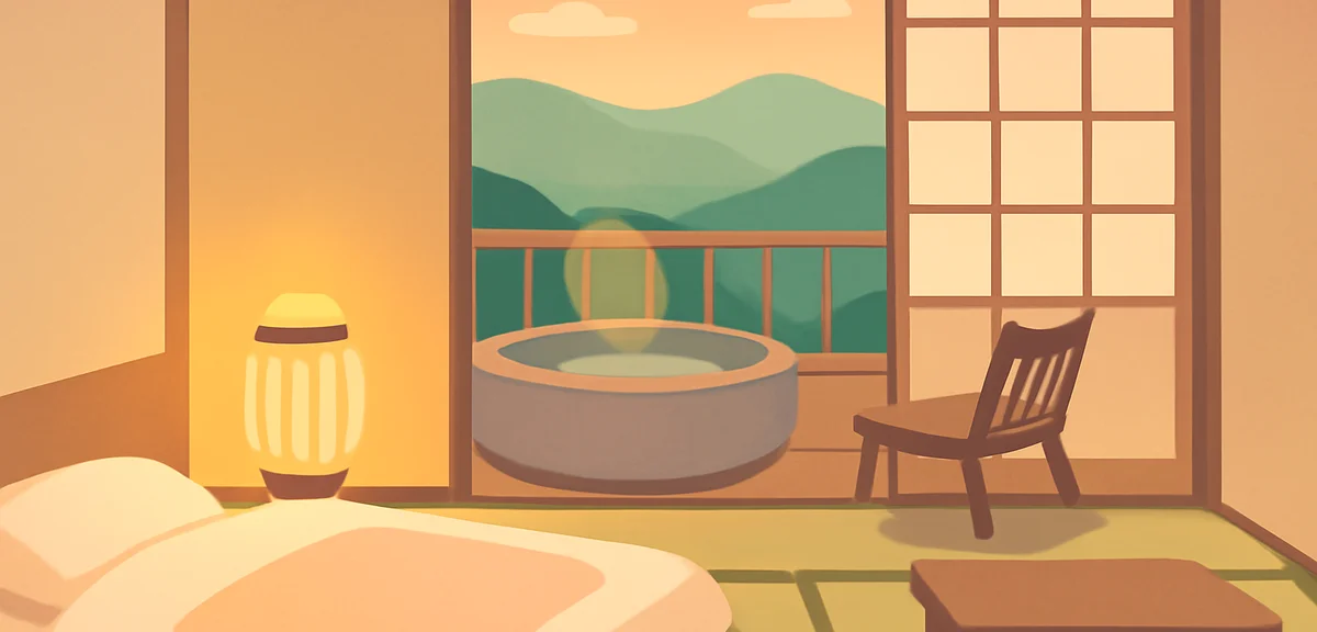 Illustration of a Japanese ryokan guest room with a private open-air onsen bath on the terrace overl