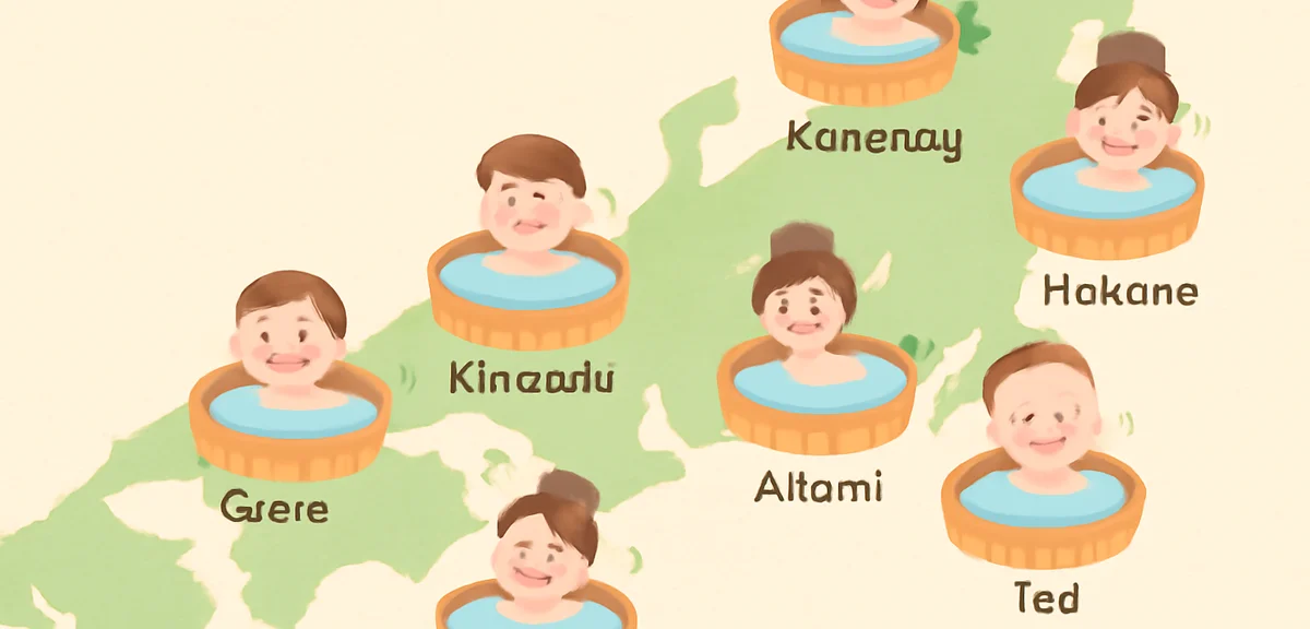 Illustration map of popular Japanese hot spring areas known for private baths, showing Hakone, Atami