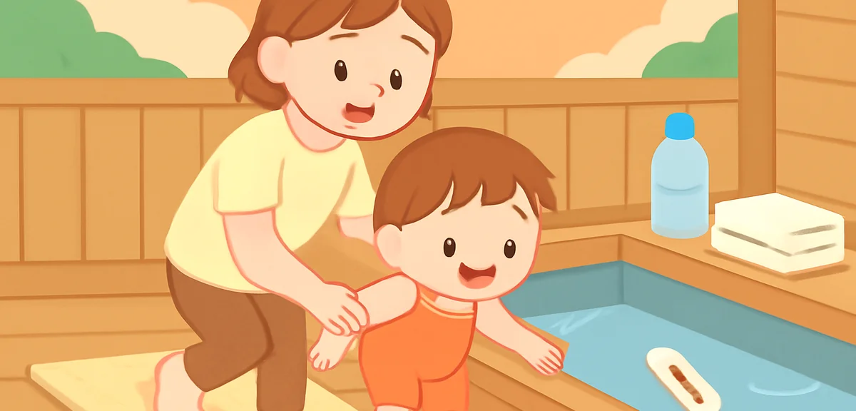 Illustration of a parent and small child carefully entering a private wooden hot spring bath, non-sl
